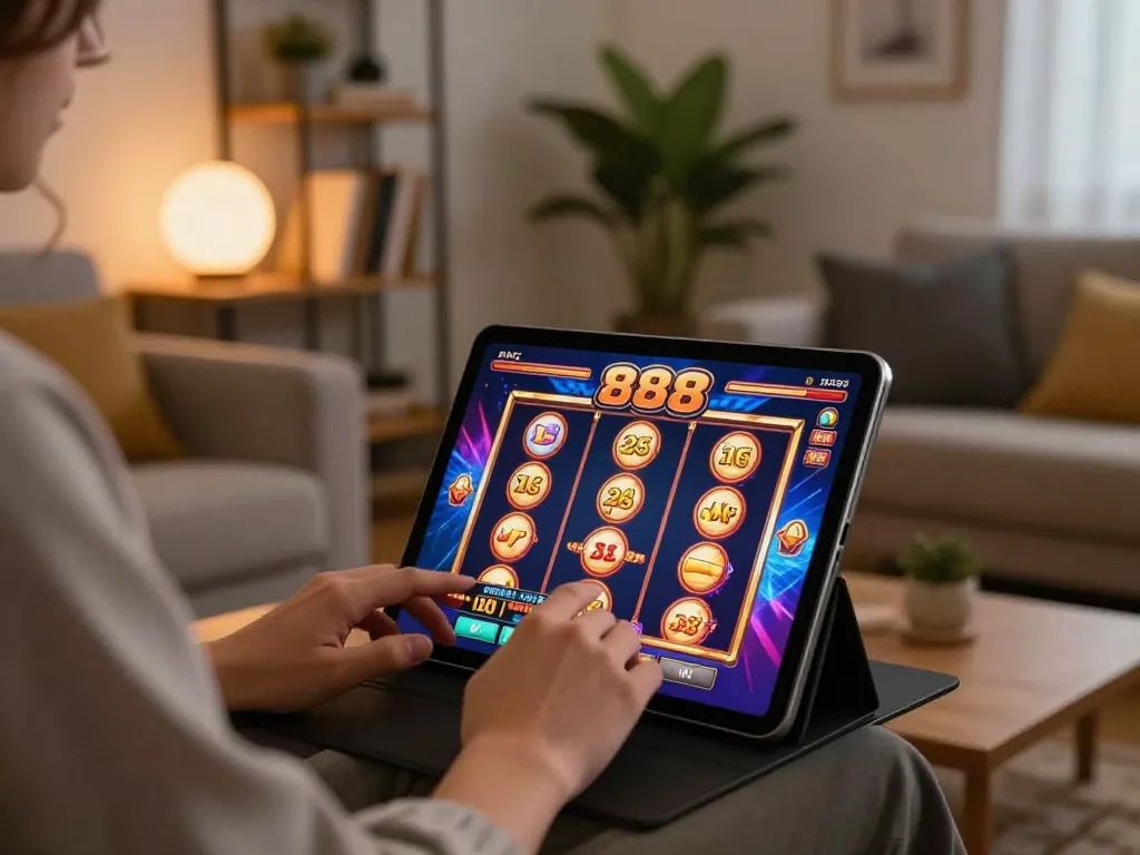 Playing slot games on a tablet in a cozy living room, showcasing the excitement of slot88 casino.