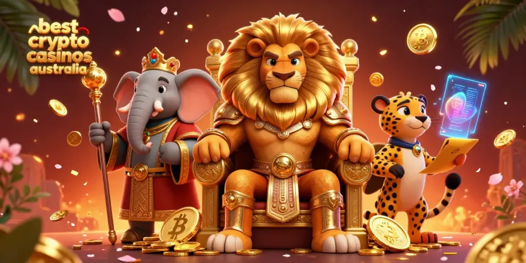 Experience the excitement of the best crypto casinos australia with vibrant characters, gold coins, and blockchain elements in a dynamic 3D scene.