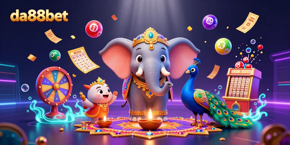 Engage in thrilling da88bet gaming with vibrant elephants, vibrant lottery elements, and festive decorations.