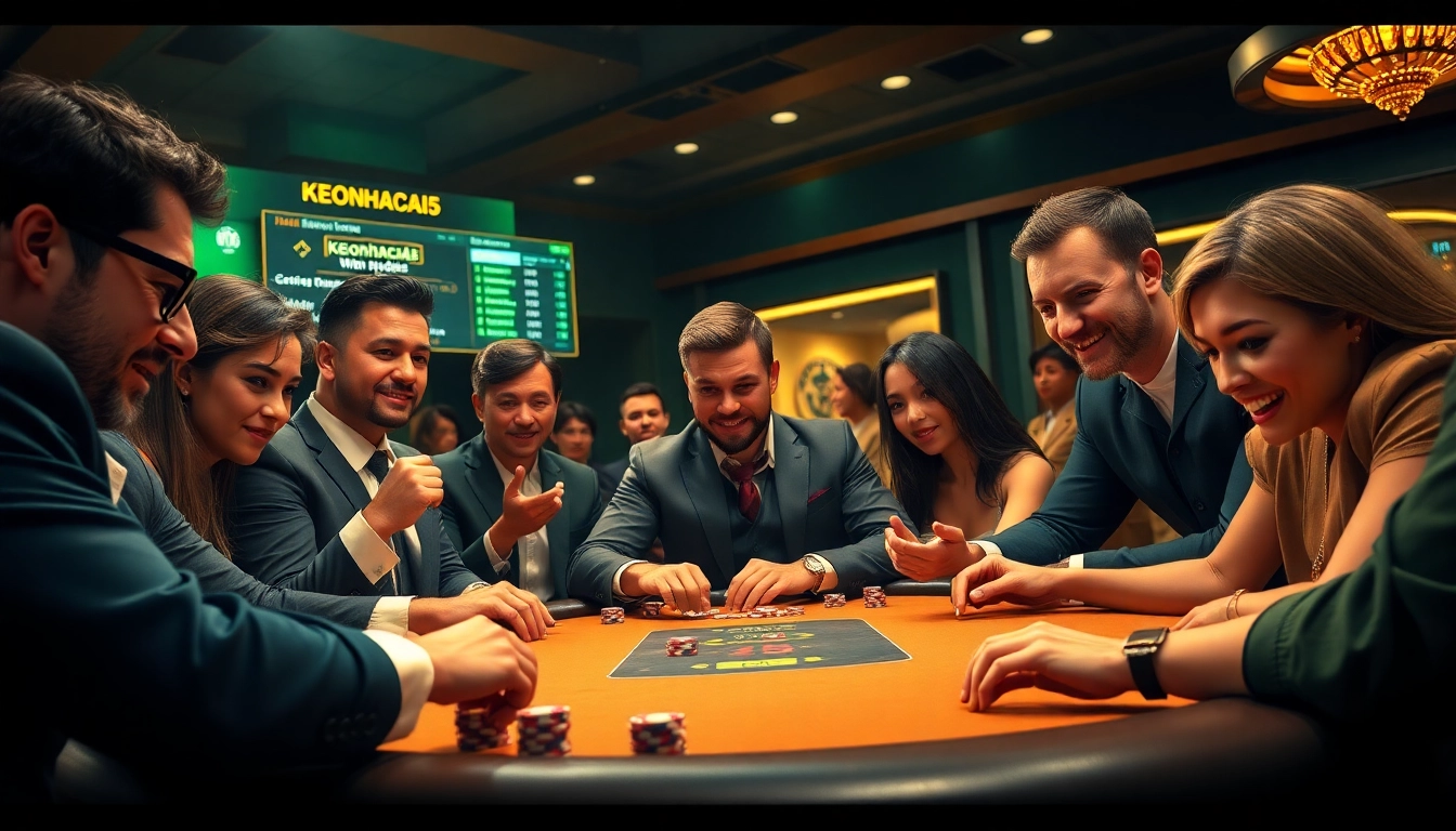 Engaged players strategizing with Keonhacai5 betting odds at a luxurious casino table.