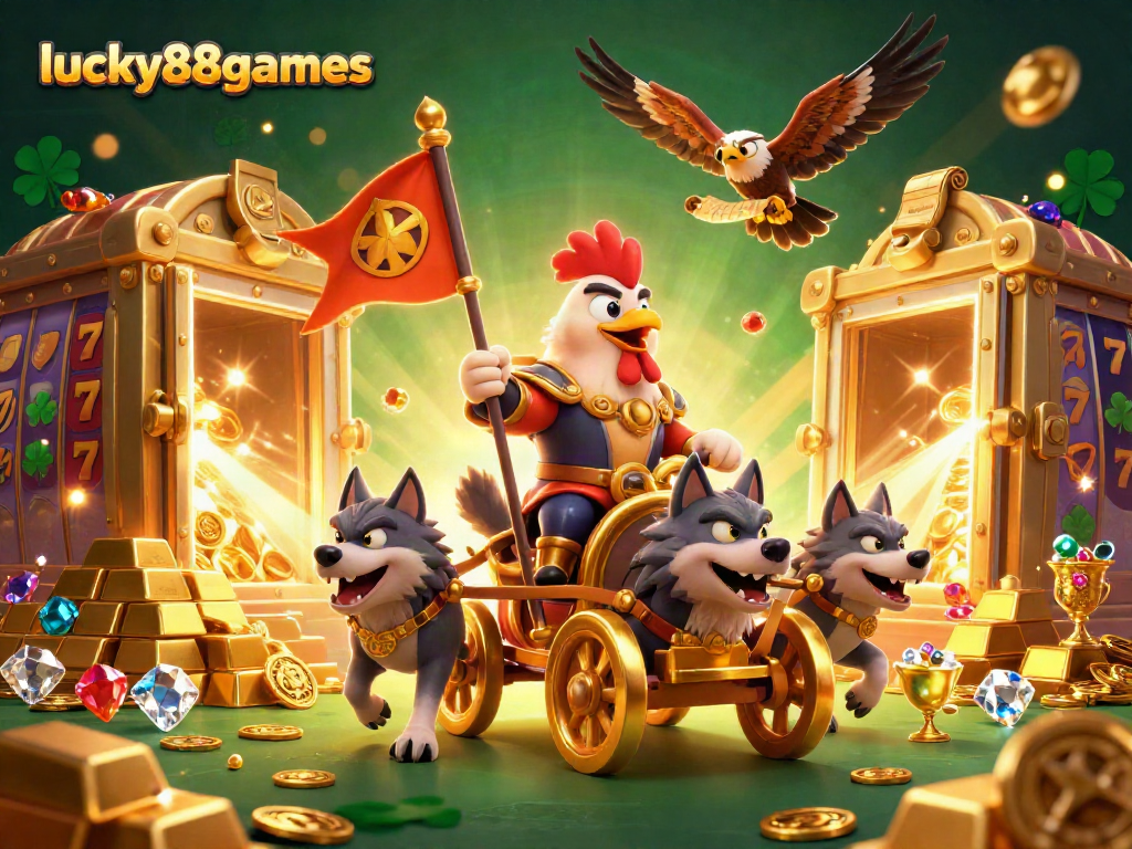 Engage with lucky88games as a cartoon rooster warlord in a vibrant casino scene overflowing with treasure and excitement.