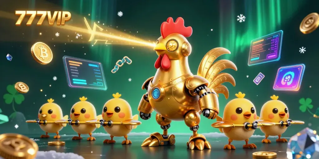 Engage with the dynamic 777VIP gaming scene featuring a golden rooster robot and baby chick drones amidst vibrant cryptocurrency symbols.