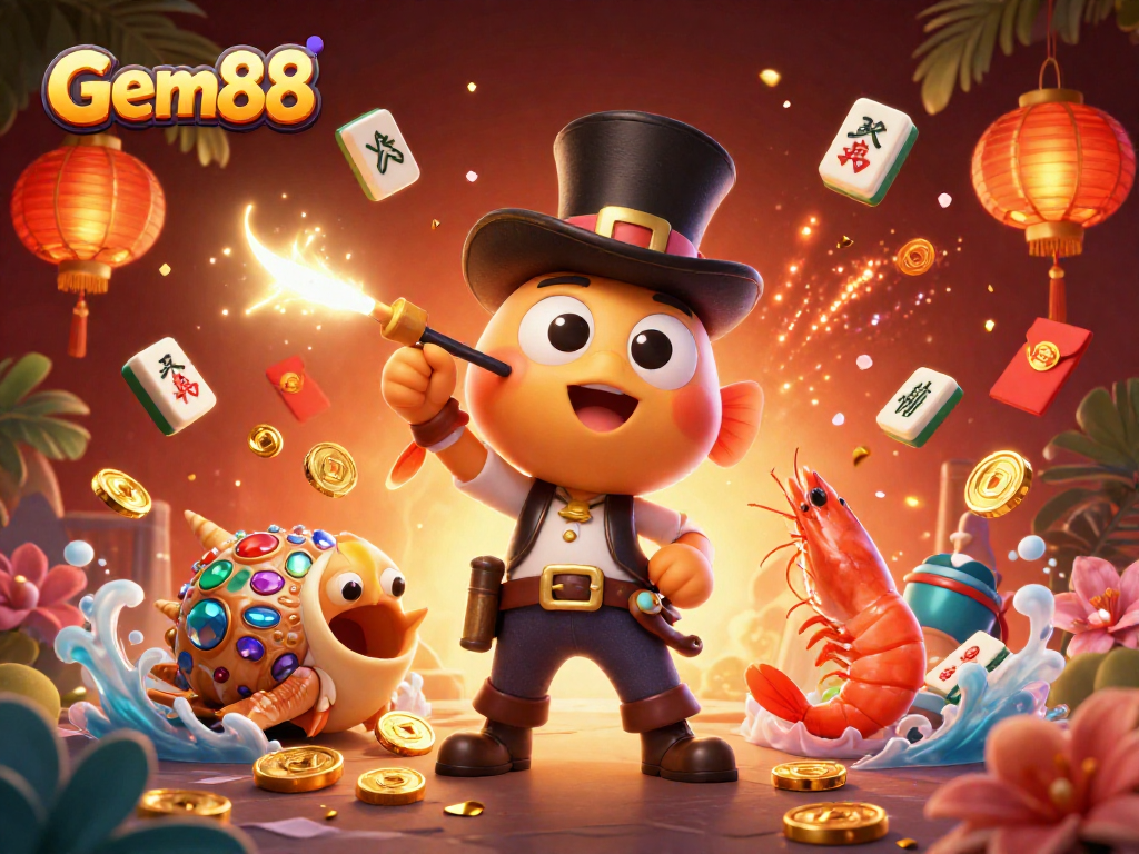 Experience the thrill of Gem88 with a vibrant sea-themed casino illustration featuring animated characters.
