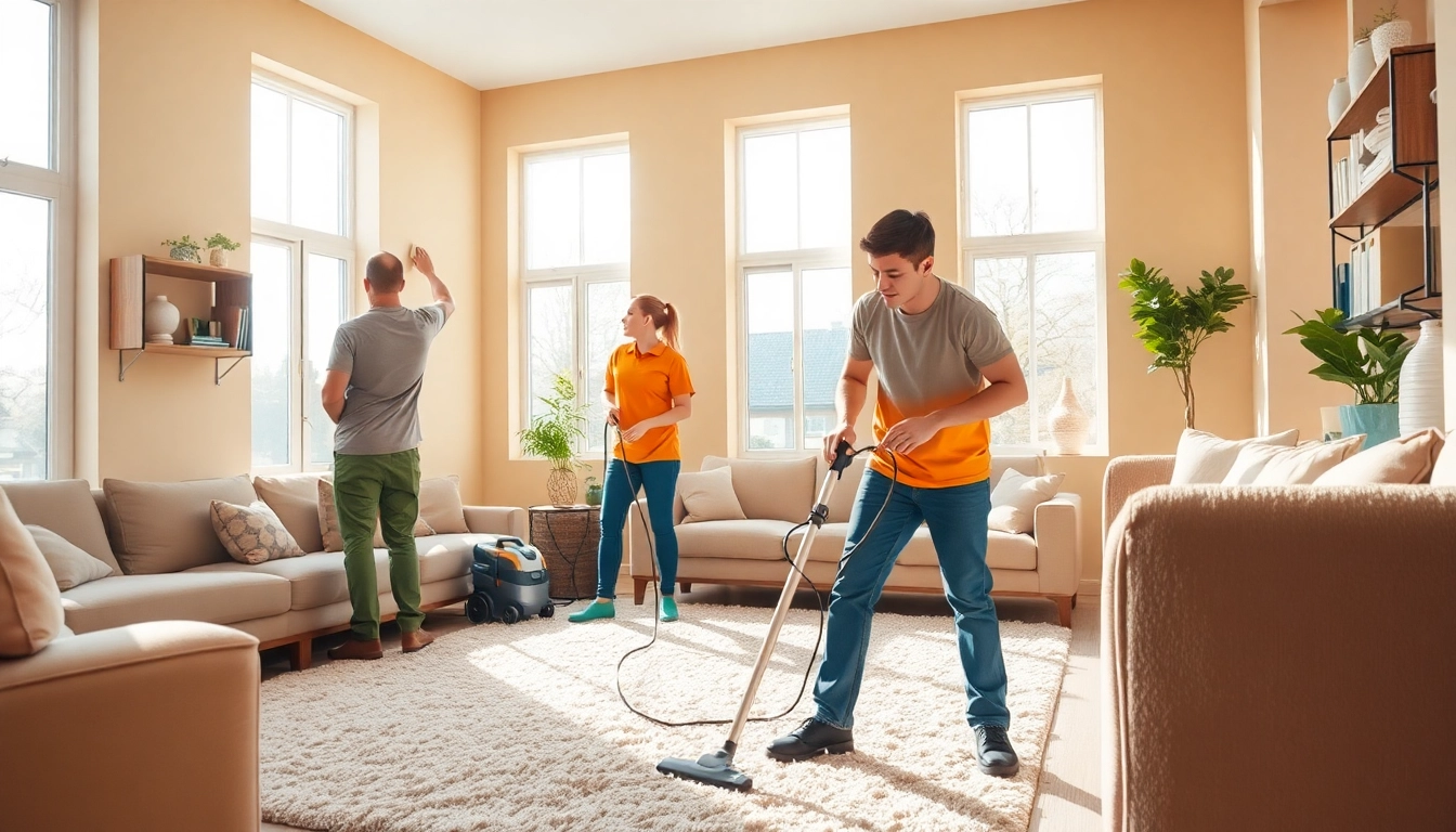 Deep cleaning services USA performed by a professional team in a bright living room.