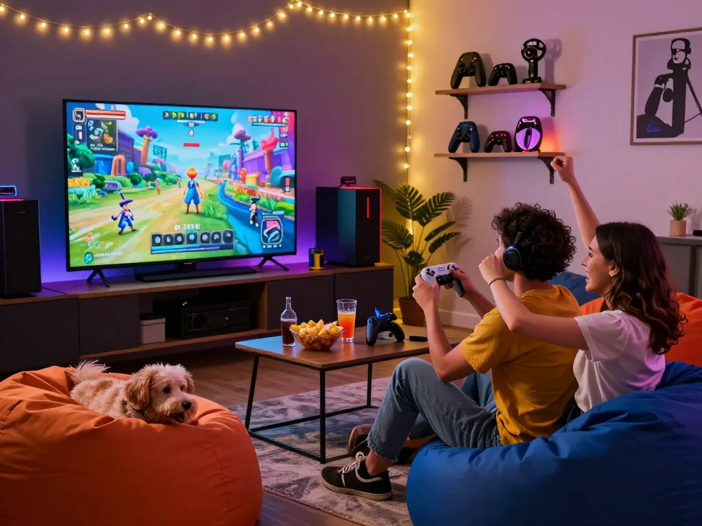 Couple enjoying an adult game together in a cozy gaming den with vibrant colors and snacks.