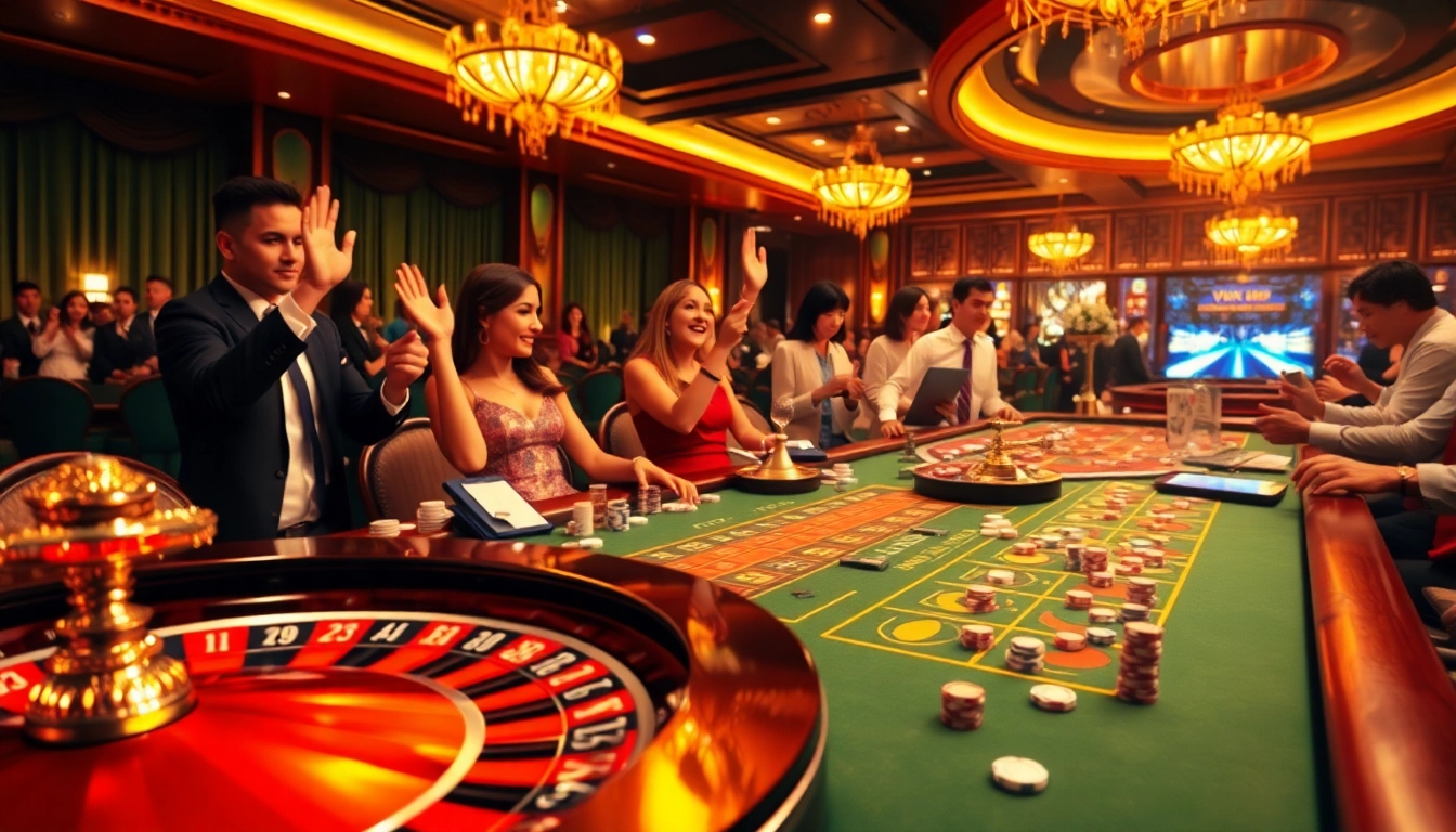 Experience the thrill of VN888 casino gaming with players at an exciting gambling table!