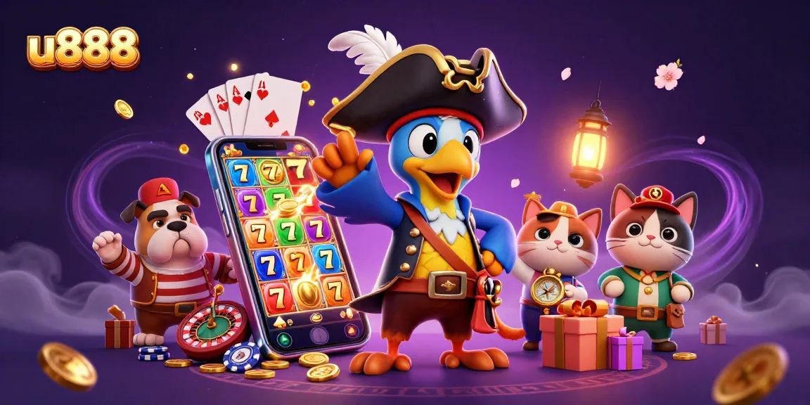 Engage in vibrant u888 slots with animated 3D characters illustrating a lively casino scene.