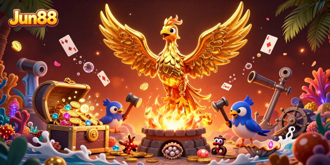 Win big with Jun88's golden phoenix and treasures in this stunning casino illustration!
