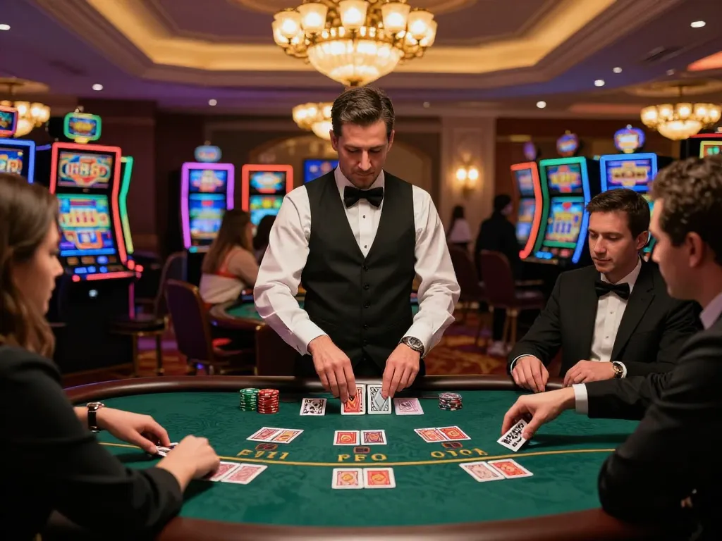 Players placing strategic bets at U888 blackjack table in a vibrant casino environment