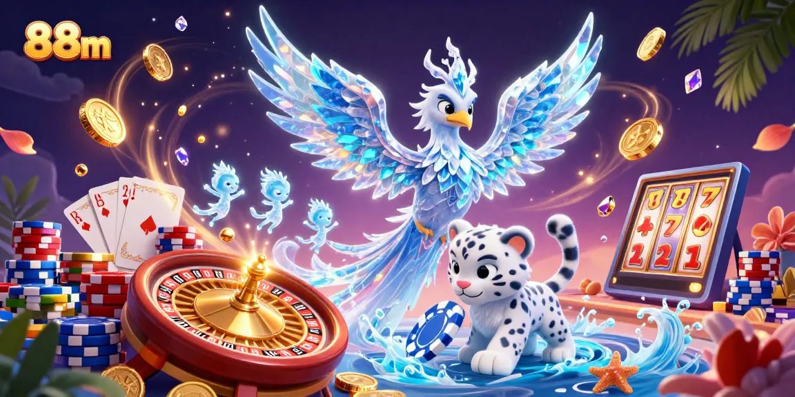 Experience the thrill of gaming with 88m, featuring an ice phoenix and vibrant casino elements.