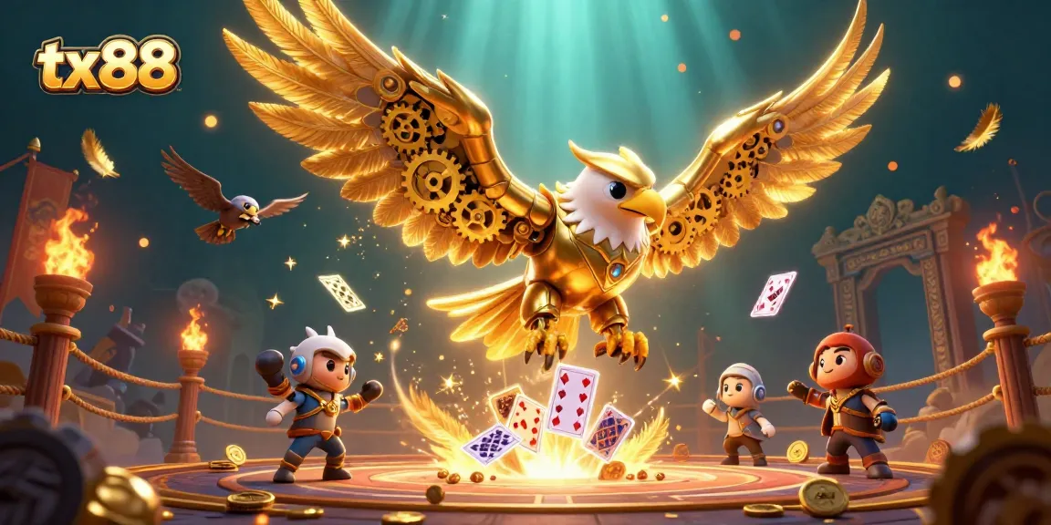 tx88 gamblers soaring with a golden eagle through vibrant casino elements in a dynamic illustration