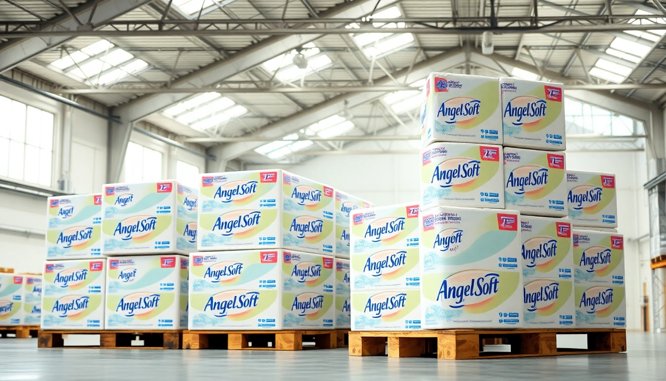 Angel Soft Toilet Paper Pallets beautifully organized in a bright warehouse, showcasing quality packaging.