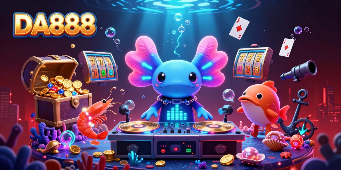 Delve into the vibrant DA888 casino scene featuring a neon axolotl DJ and lively gambling elements.