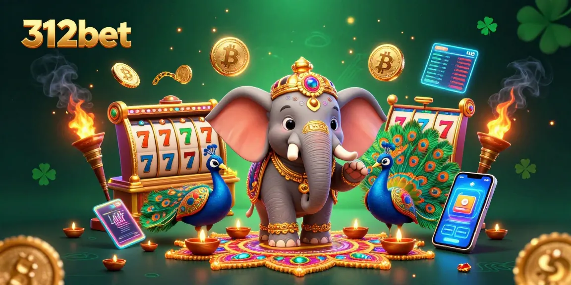 Experience vibrant slots action with 312bet featuring a lively digital illustration of an elephant and peacock in a casino.