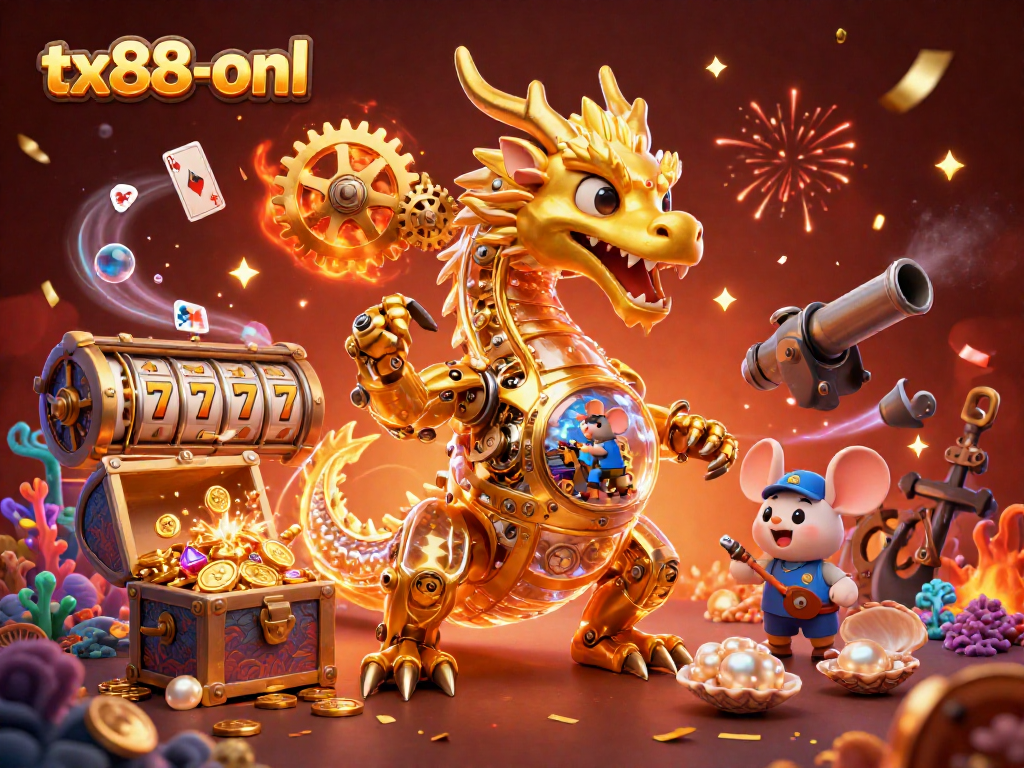 Experience excitement with tx88-onl's vibrant 3D casino illustration featuring a dragon and treasure.