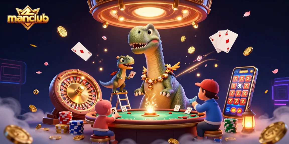 Experience manclub's vibrant 3D casino adventure featuring a brontosaurus and raptor amidst sparkling gaming elements.