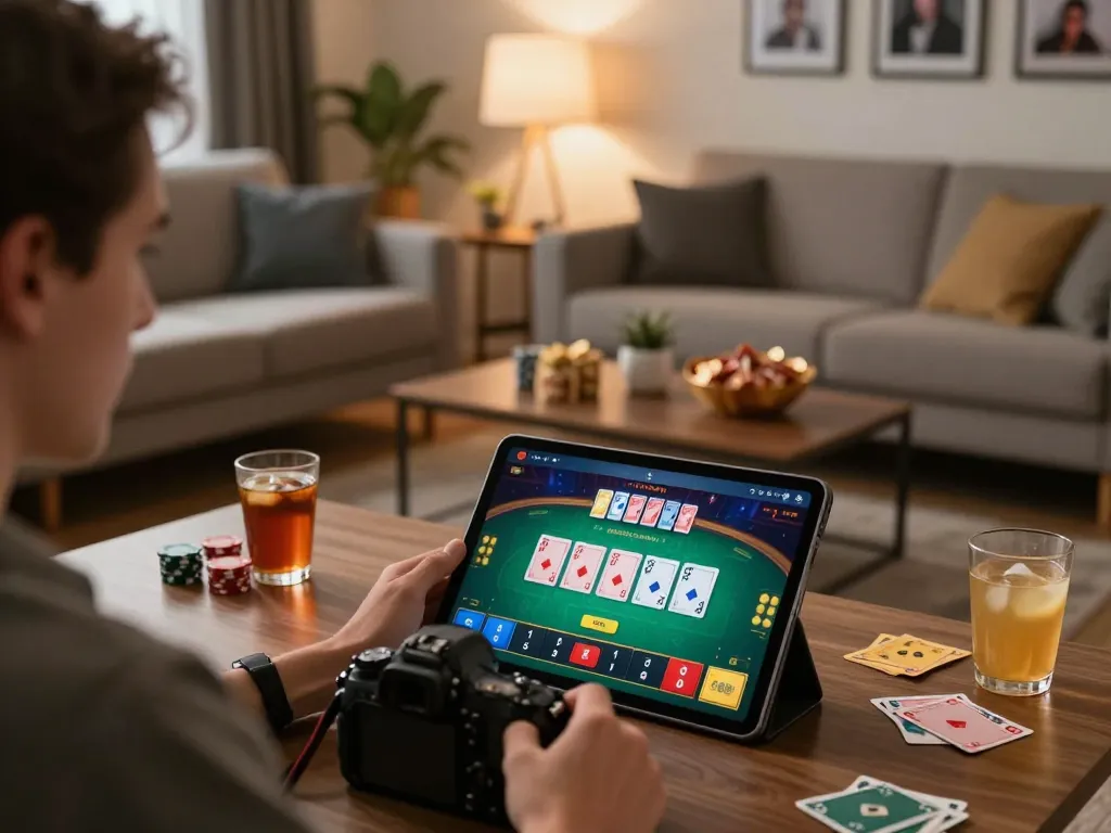 Player enjoying TG88 poker game on tablet while relaxing at home, showcasing a cozy gaming environment.