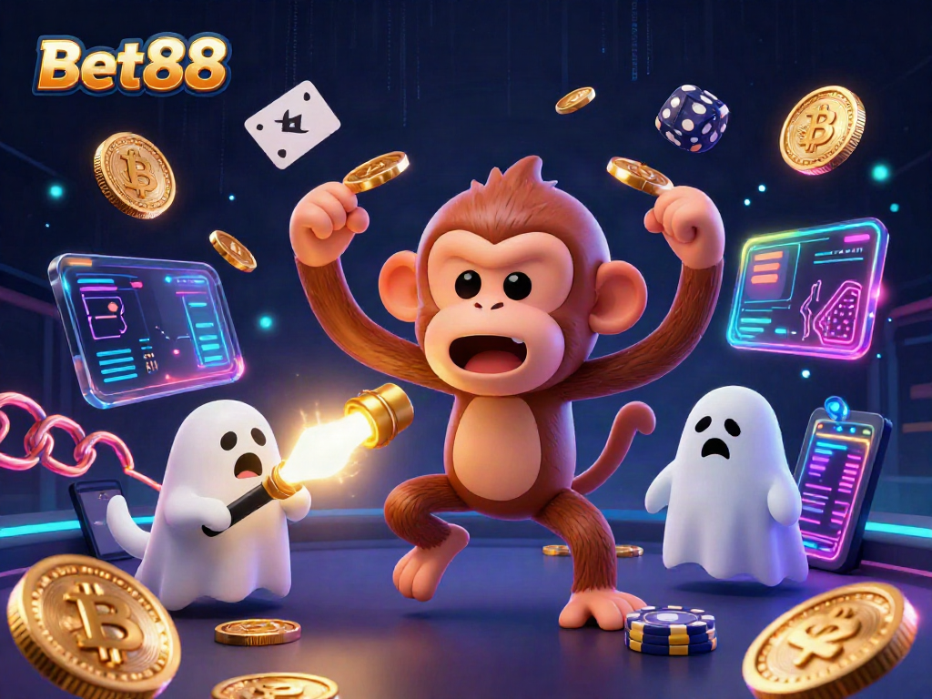 Engage with Bet88's thrilling casino gaming scene featuring a playful poltergeist monkey and a curious pup.