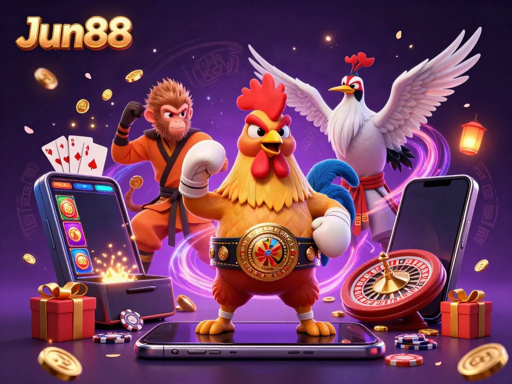 Engage with Jun88's vibrant casino scene featuring a fierce rooster, monkey martial artist, and crane master amidst lively game elements.