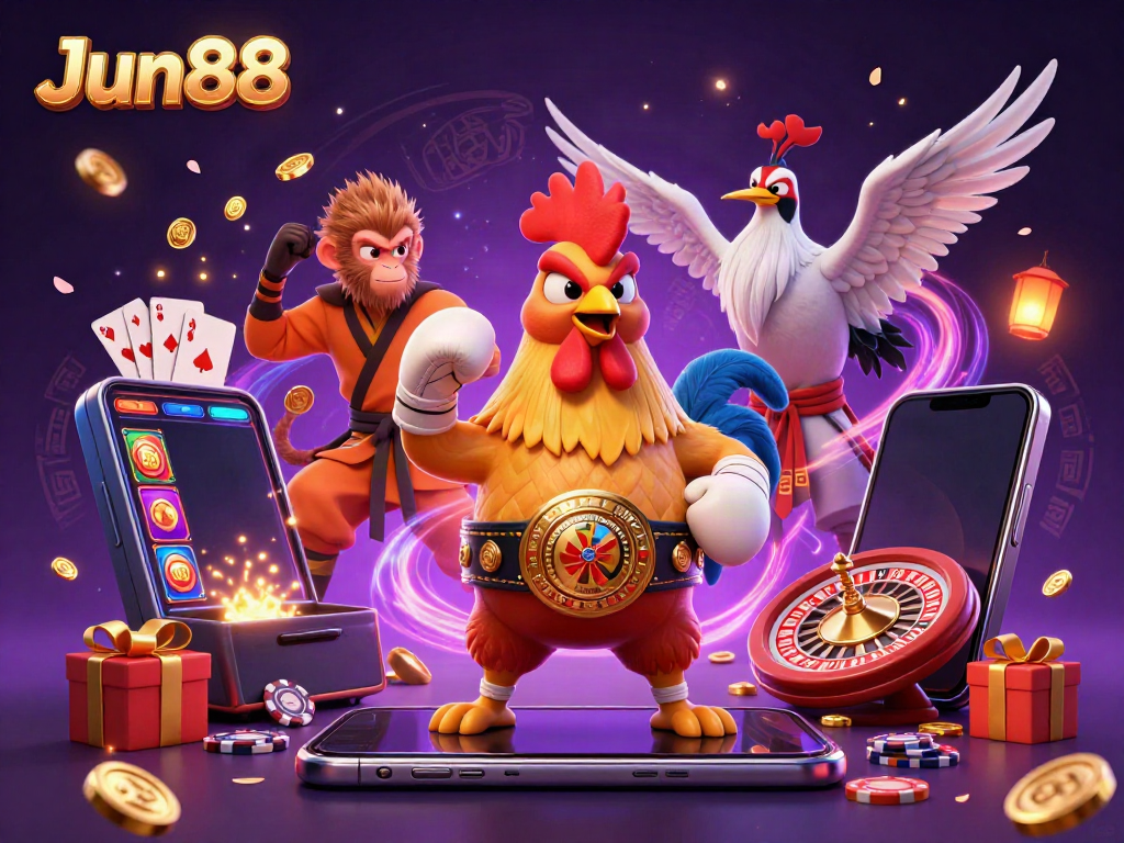 Engage with Jun88's vibrant casino scene featuring a fierce rooster, monkey martial artist, and crane master amidst lively game elements.