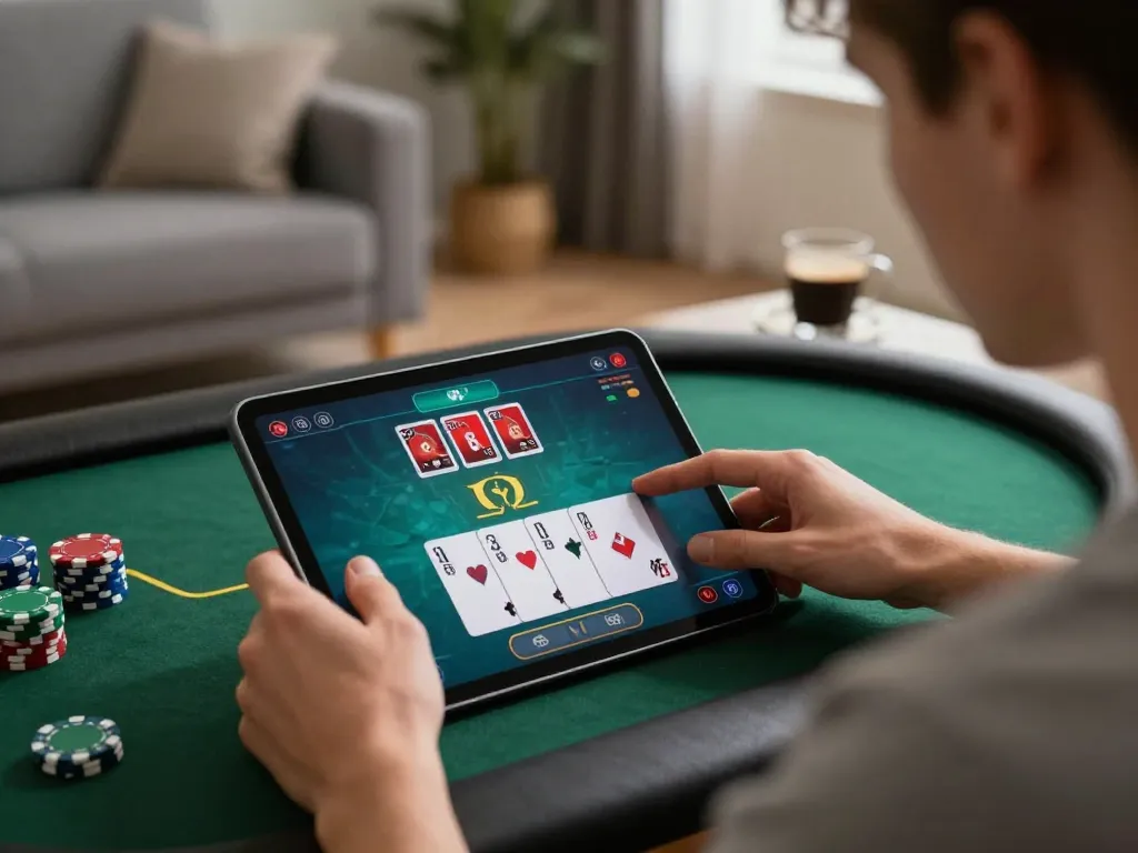 75W focused on online poker game in cozy home environment, emphasizing engagement and strategy