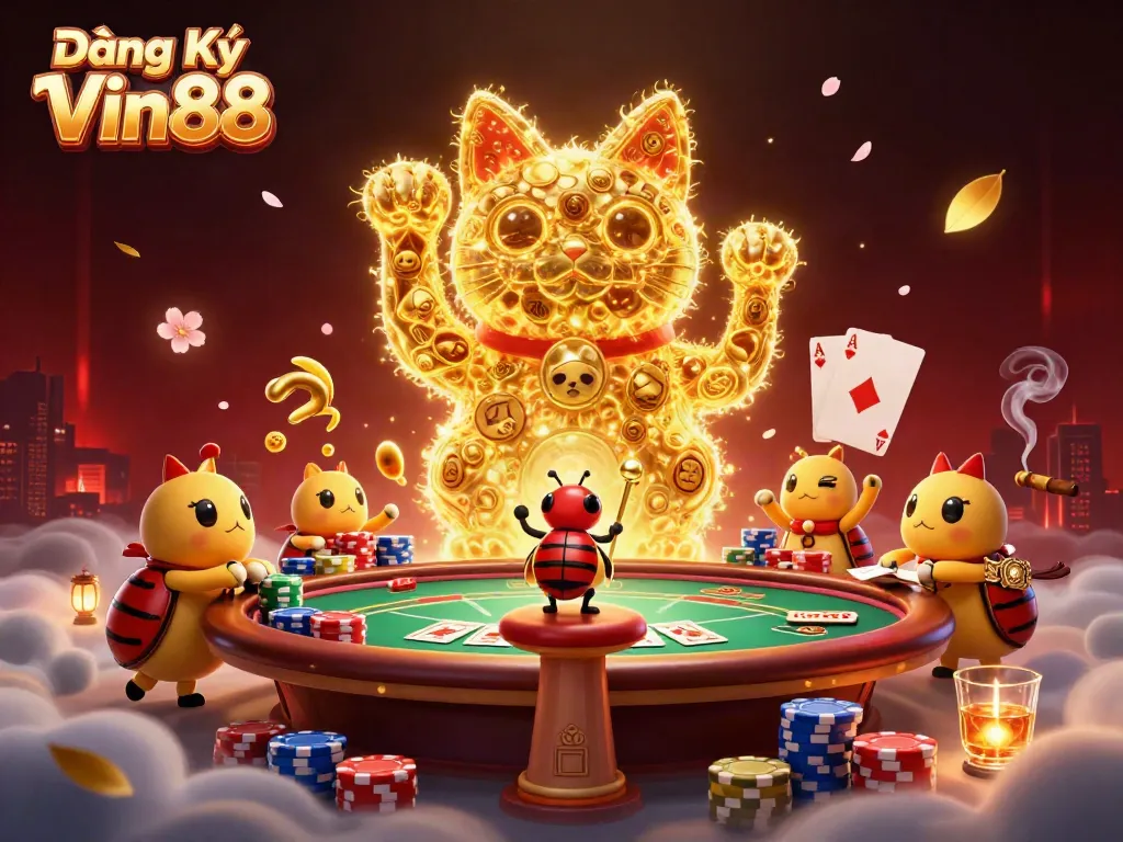Engage in Đăng Ký Vin88 by joining a vibrant casino scene with dynamic symbols and characters.