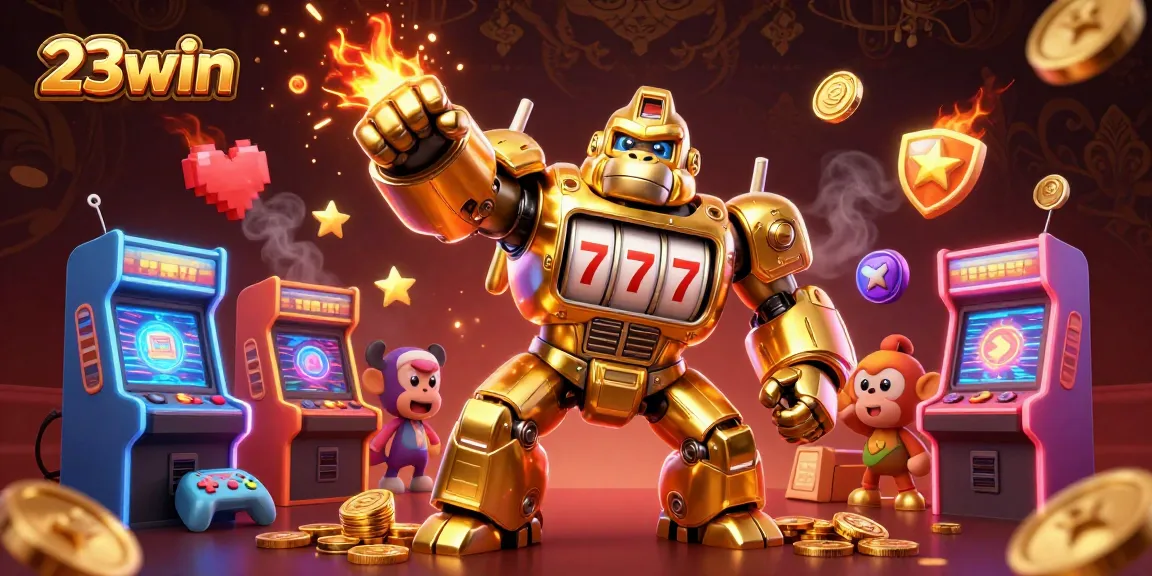 Experience thrilling casino action with 23win's dynamic 3D golden gorilla mech and vibrant gaming elements.
