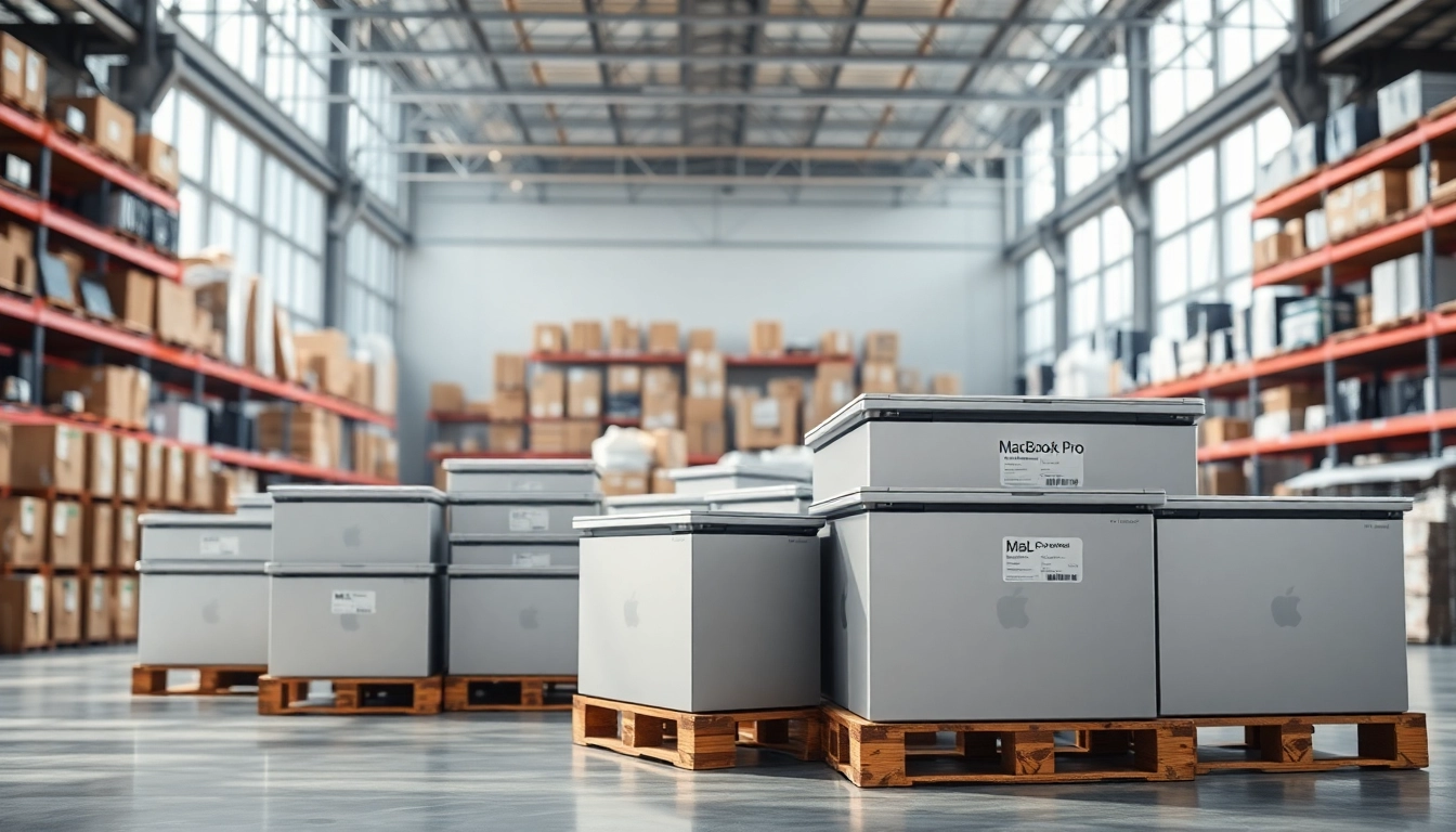 View MacBook Pro pallets for Sale stacked in a bright warehouse setting.