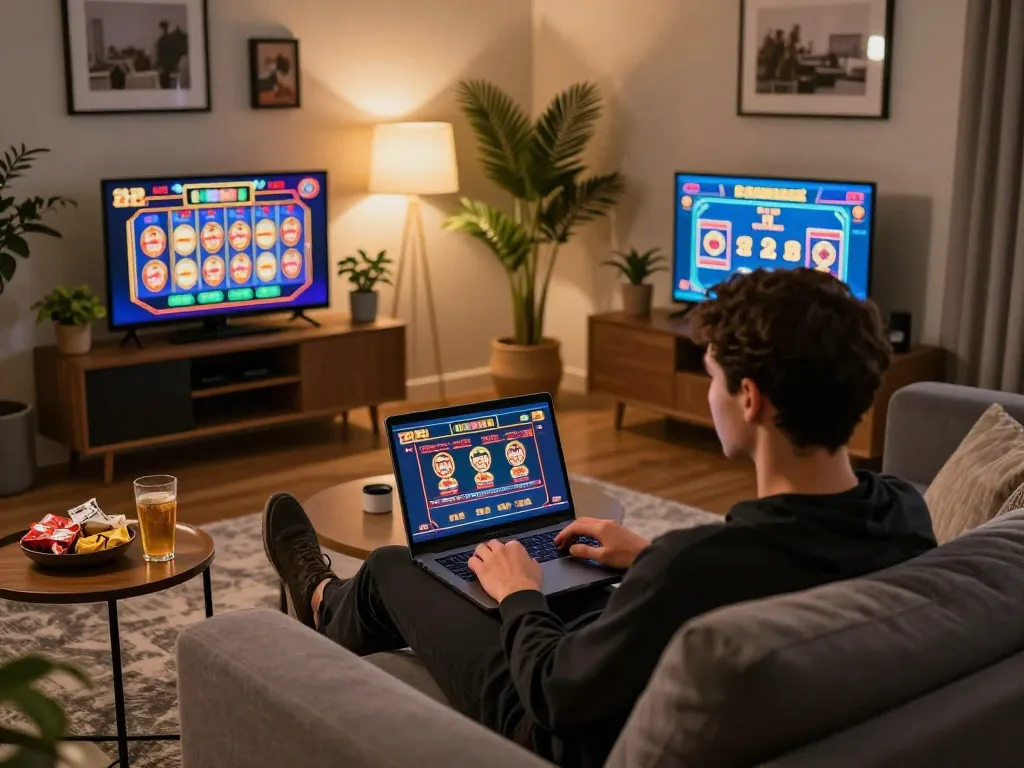 Engaging with online gambling on a laptop in a cozy setting, discovering the advantages of trang chủ lc88.