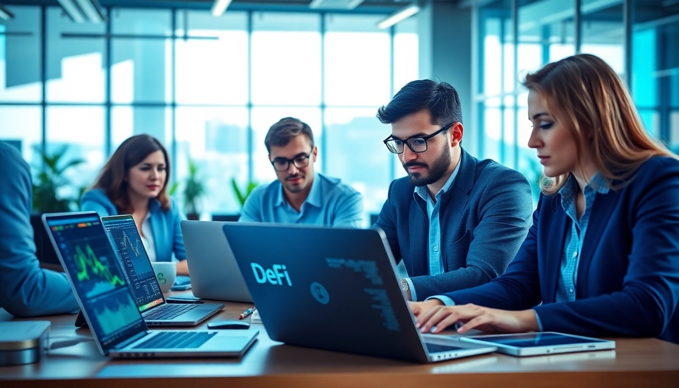 Analysez les tendances d'actualité DeFi avec des experts dans un bureau moderne.
