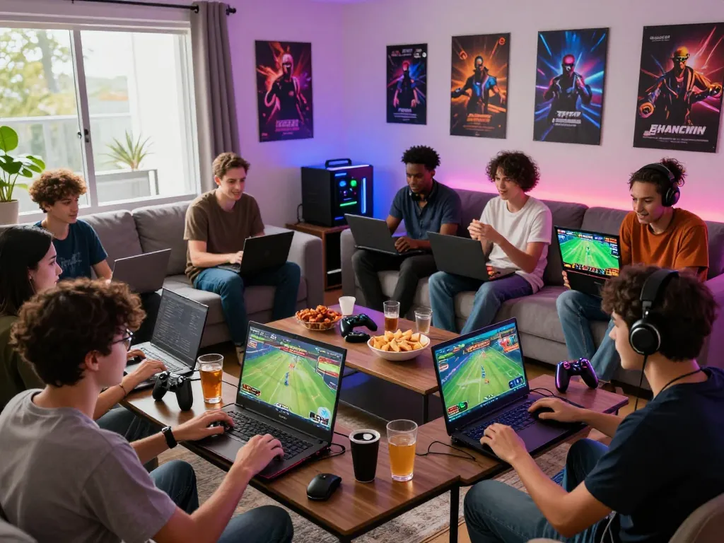 AQ777 online gaming experience with friends enjoying diverse games in a vibrant living room.