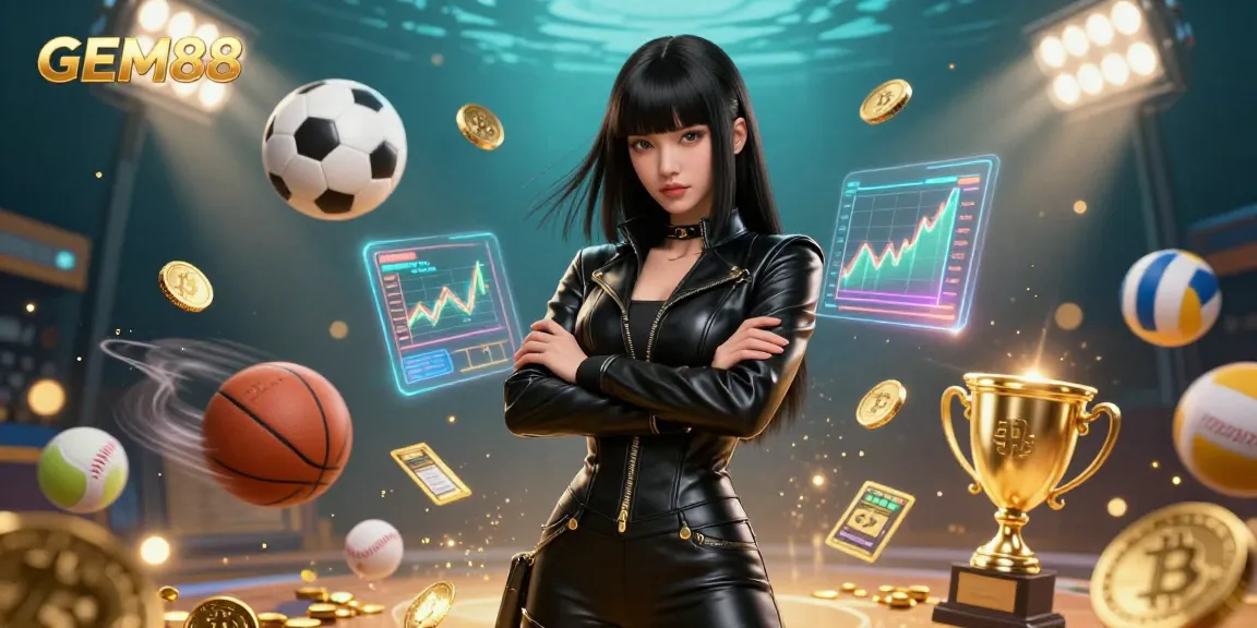 Experience dynamic sports betting at GEM88 with stunning visuals of floating sports elements and Bitcoin.