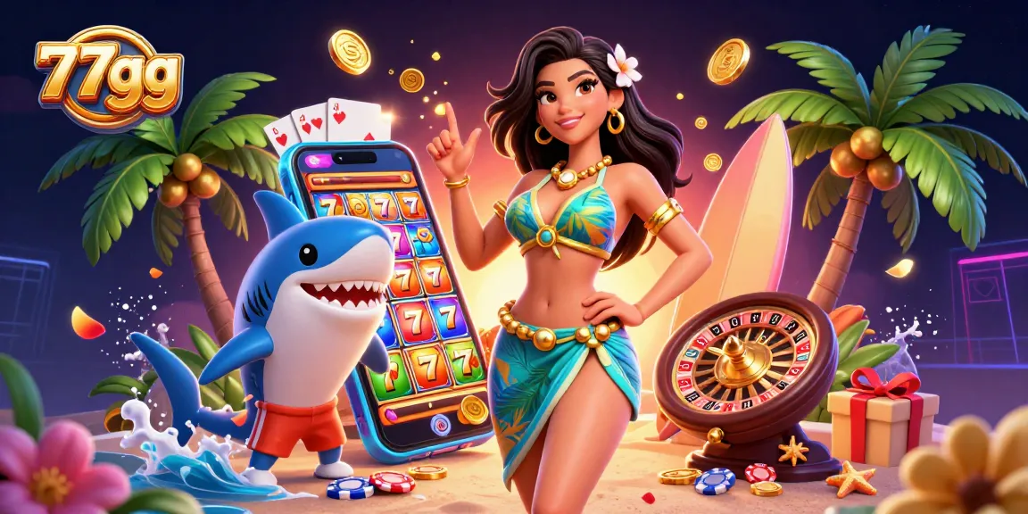 Experience the thrill of slots and gaming with 77gg's vibrant promotional illustration featuring exciting game elements.