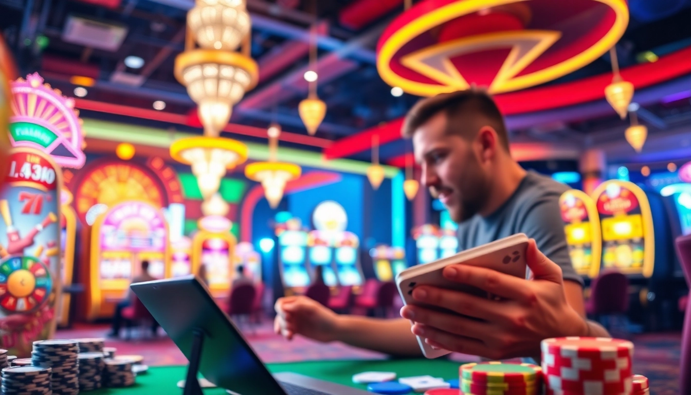 Joueur dans un casino en ligne sans wager avec des jetons et des cartes colorées.