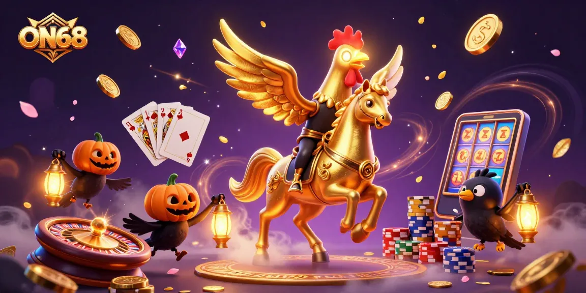 Experience thrilling gaming with ON68 as the golden rooster ventures through a mystical casino.