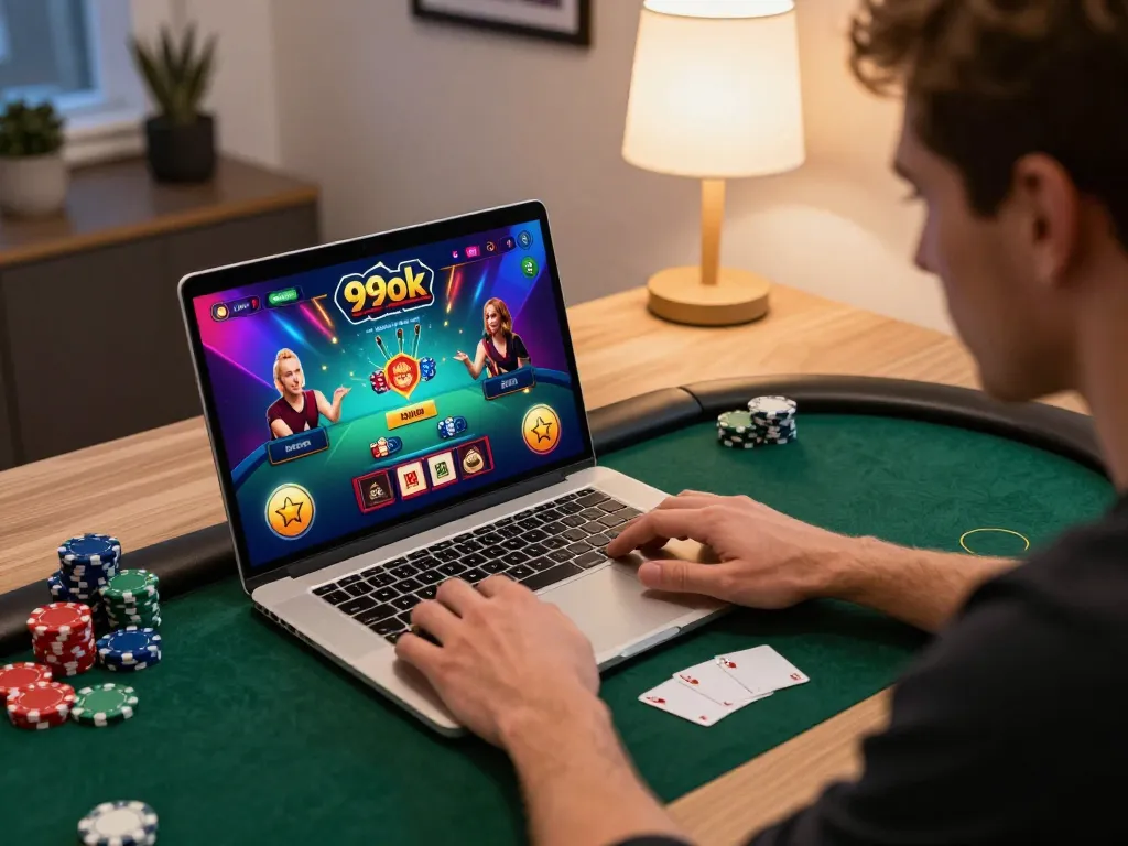 Gamer strategizing with 99ok app during intense online poker session, chips and cards visible