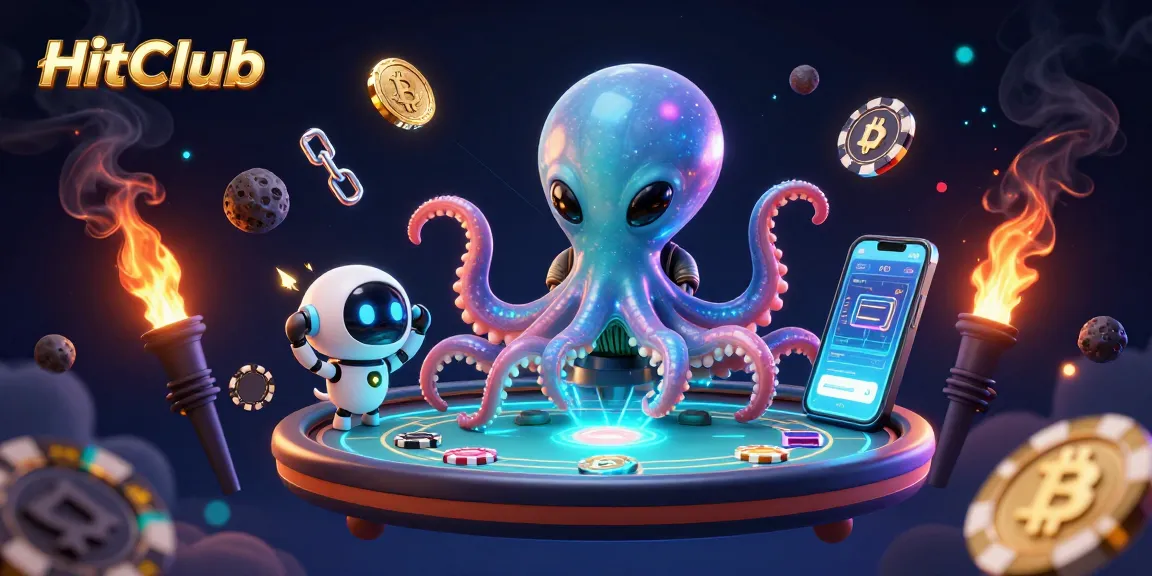 HitClub engages players at a holographic poker table in a cosmic scene with vibrant cryptocurrency elements.