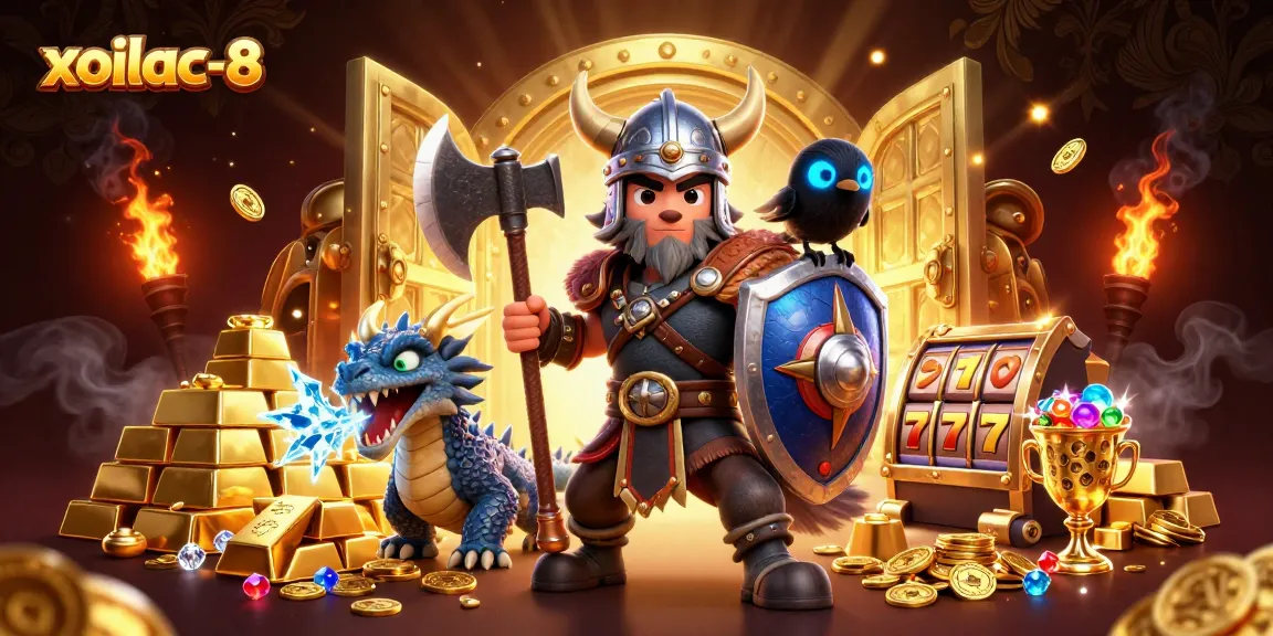 Xoilac-8 showcases an intense scene with a Viking wolf warrior, dragon, and treasures, highlighting slots excitement.