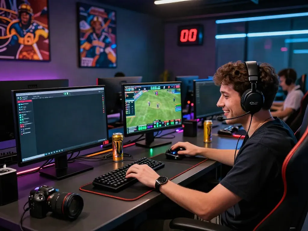 Player engaged in live sports betting with monitors displaying game stats, creating an exciting atmosphere for nbet enthusiasts.