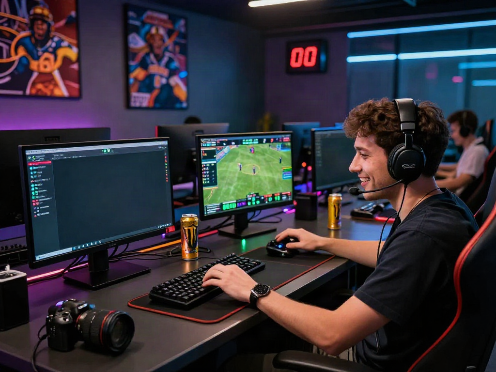 Player engaged in live sports betting with monitors displaying game stats, creating an exciting atmosphere for nbet enthusiasts.