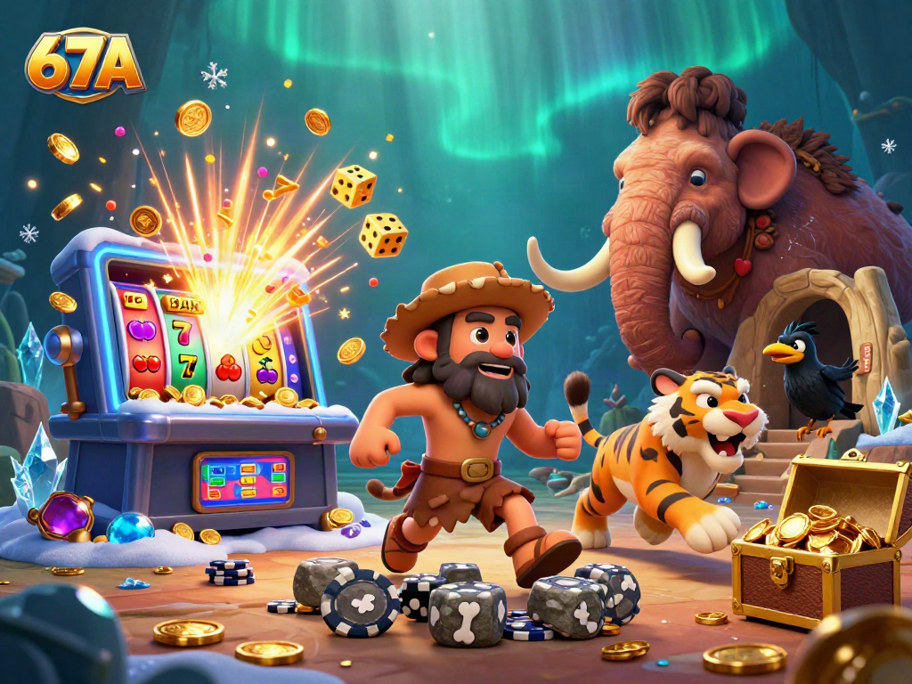 Join the fun at 67A with a vibrant casino scene featuring unique prehistoric characters.