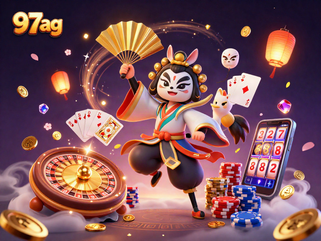 Experience thrilling gaming at 97ag with vibrant characters and swirling casino elements.
