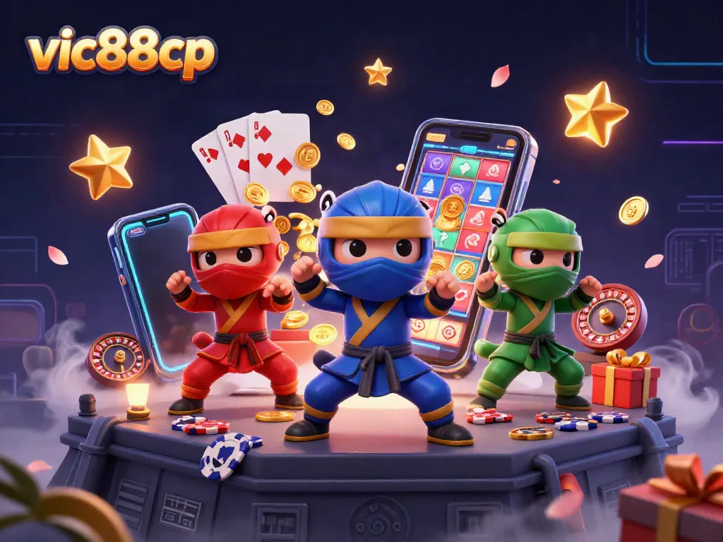 Experience thrilling gameplay with vic88cp's vibrant 3D illustration featuring ninja chameleons amidst a colorful gaming scene.