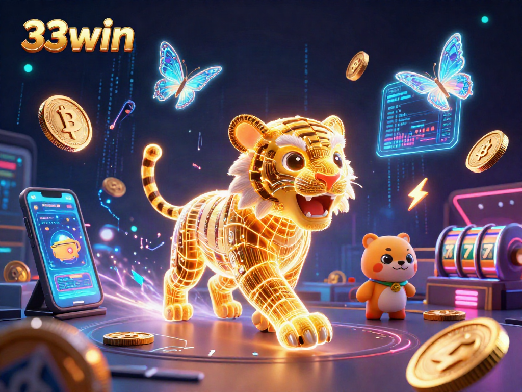 Experience the thrilling energy of 33win with a vibrant digital casino scene full of crypto coins and slot elements.