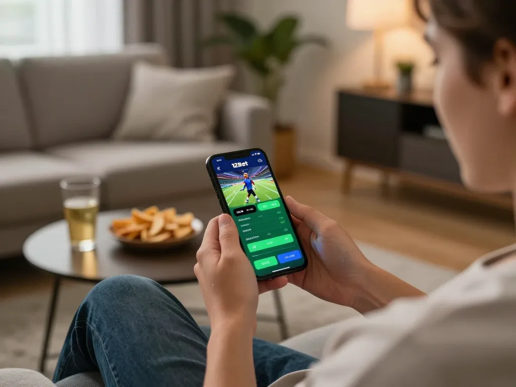 Interagindo com o app 12Bet para apostas esportivas em um ambiente aconchegante e confortável, destacando recursos amigáveis ao usuário.