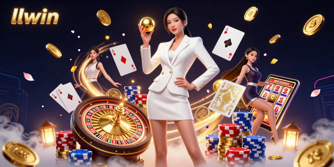 Experience thrilling gaming at llwin with dynamic casino elements like roulette balls and poker chips in an exciting scene.