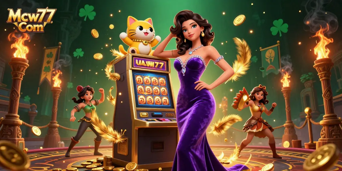 Experience thrilling jackpots at Mcw77 Com with a glamorous woman by a slot machine.