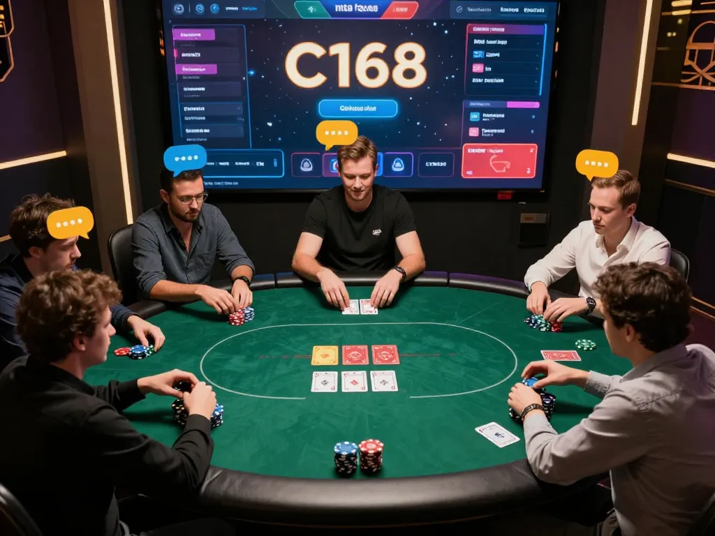 C168 online players engaging in a strategic poker game with vibrant graphics and lively chat support.