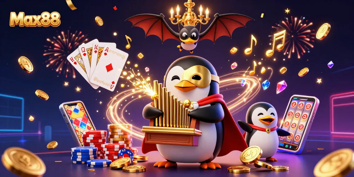 Max88 showcases a vibrant 3D cartoon scene of a penguin organist and bat acrobat amidst casino wealth.