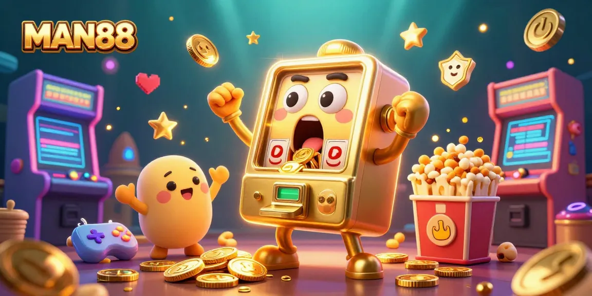 Experience the excitement of MAN88 as a golden slot machine hits the jackpot with coins cascading down!